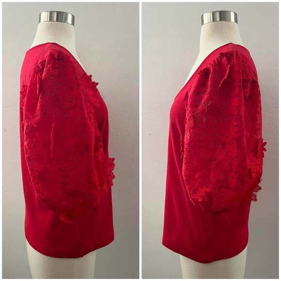 Anthropologie Dolan Puff Sleeve Top Ribbed Lace Floral Appliqué Red Large NWOT - Picture 2 of 10